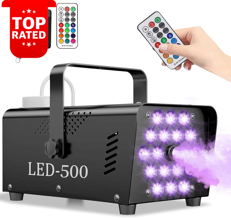 Fog Machine 500W with 18 LED Lights 4 Effects 2500CFM Smoke Remote Control Party