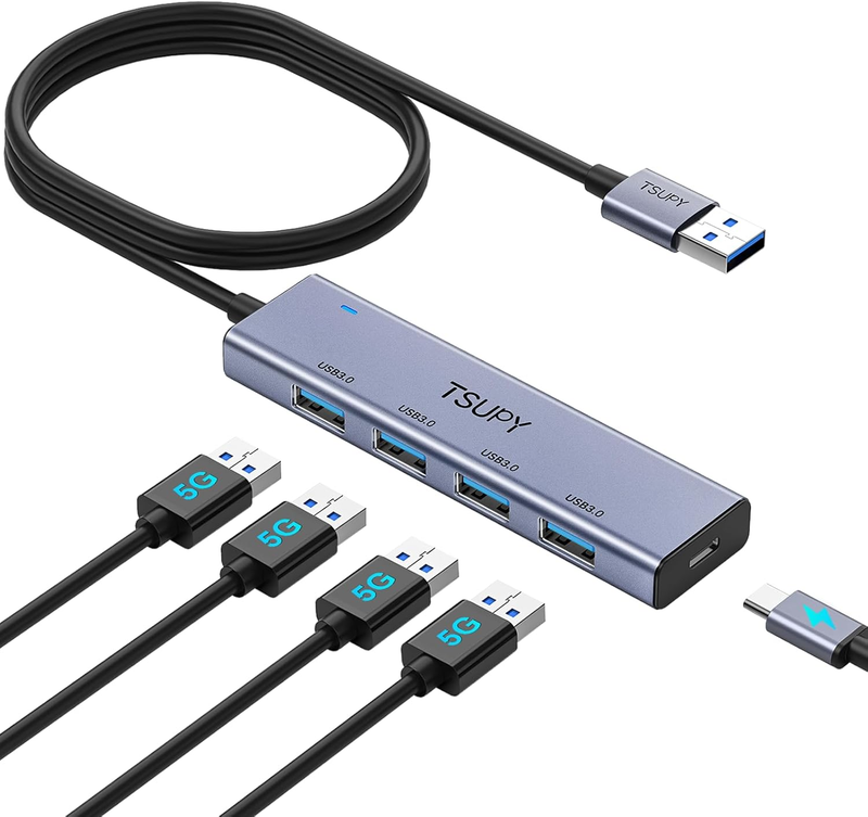 USB 3.0 HUB, TSUPY USB Splitter with 5 USB Ports and 4Ft Extended Cable,Ultra-Slim Aluminium Data Hub Multi USB 3.0 Adapter HUB Compatible for Laptop,Macbook,Pc, Printer, Mobile HDD and More