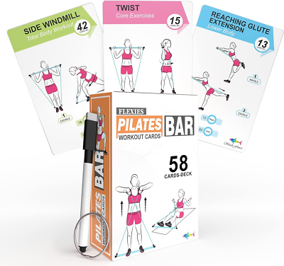 Flexies Pilates Bar Workout Cards - 58 Exercise Cards with Pilates Stick  Work