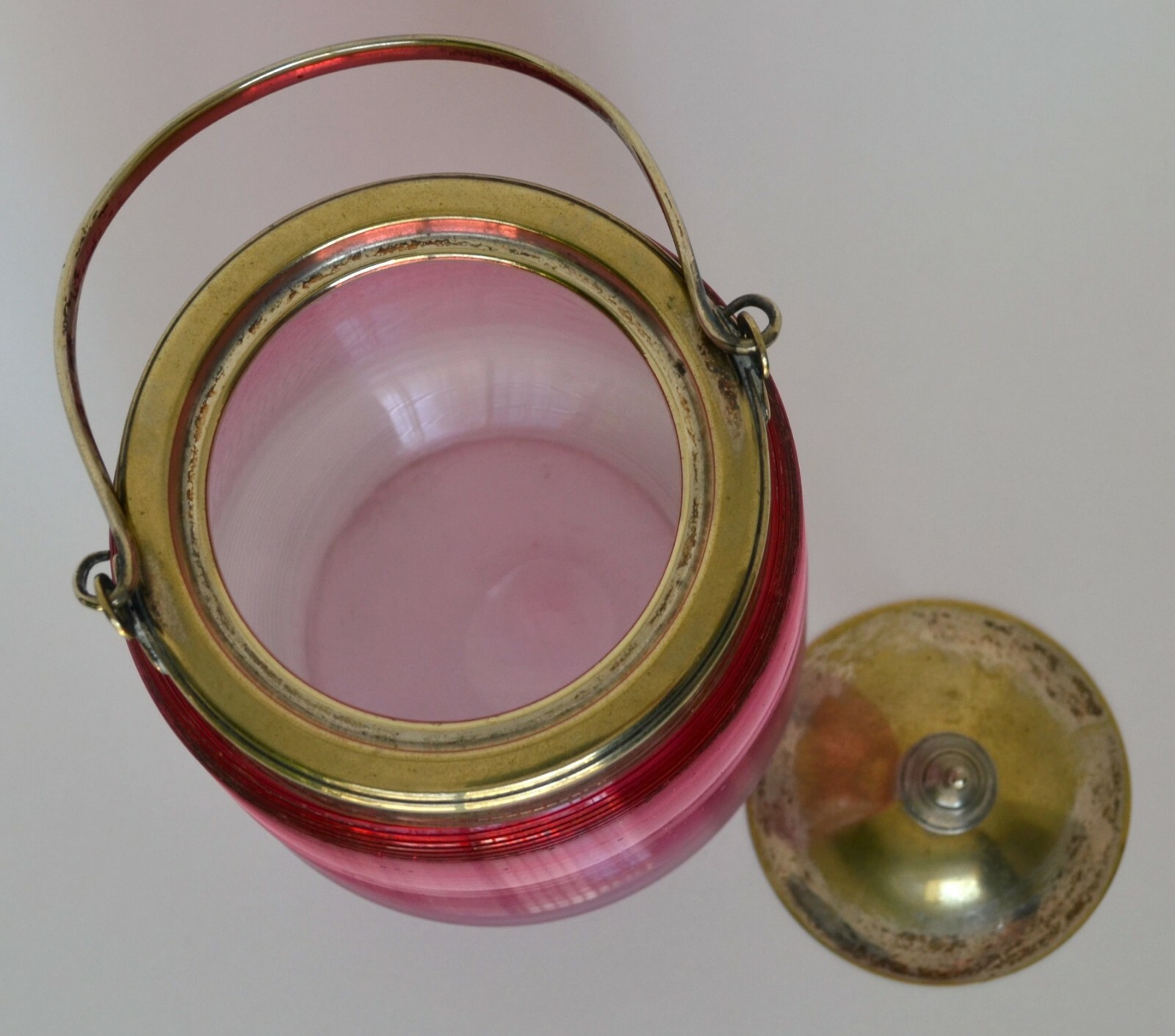 Antique Victorian cranberry threaded glass biscuit jar barrel handle lid metal