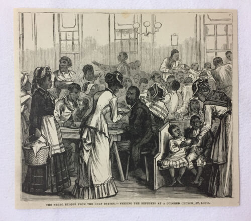 1880 magazine engraving~FEEDING REFUGEES AT AN AFRICAN AMERICAN CHURCH, ST LOUIS