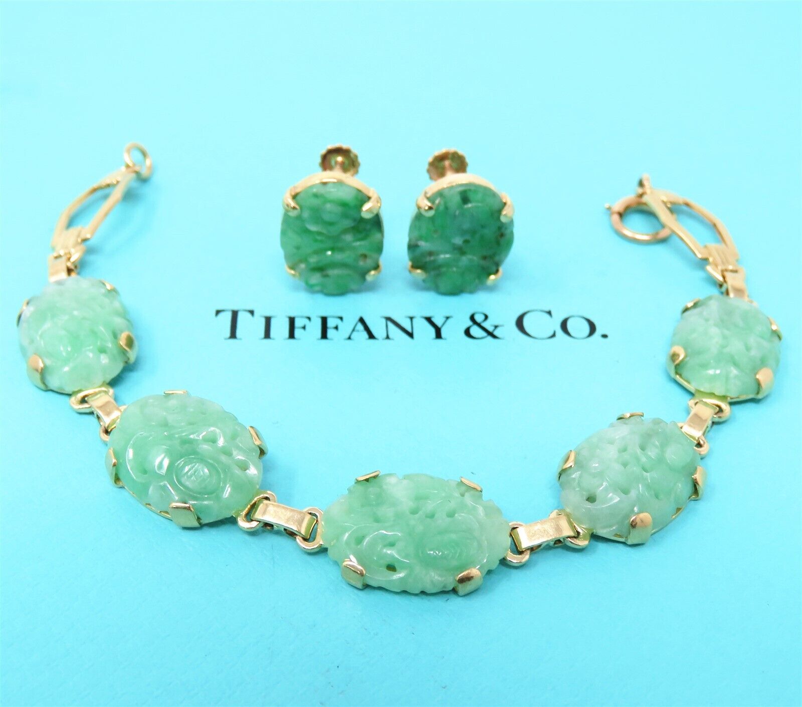 NYJEWEL Tiffany & Co 14k Gold Carved Jadeite Jade Art Deco NYJEWEL Tiffany & Co 14k Gold Carved Jadeite Jade Art Deco