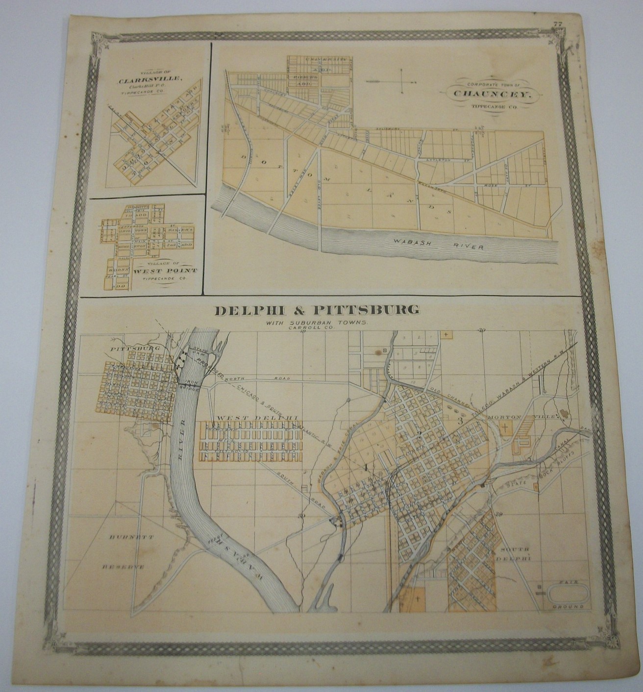 Antique 1876 Indiana Map Atlas Delphi Pittsburg Chauncey Clarksville West Point