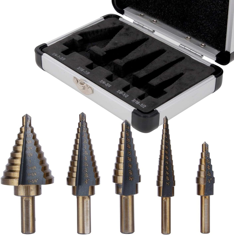 Step Drill Bit Set, 5 Pcs 50 Sizes Cobalt Step Drill Bits for Metal, Wood, Plast