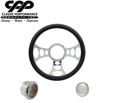 NEW CPP BANDIT CHROME BILLET 14'' STEERING WHEEL BLACK LEATHER 1/2 WRAP HUB HORN