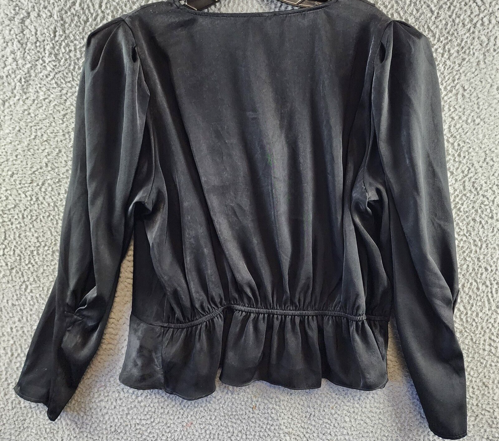 DKNY Surplice V-Neck Shirred Shoulder Peplum Top Women's XL Black Long Sleeve - Picture 12 of 15