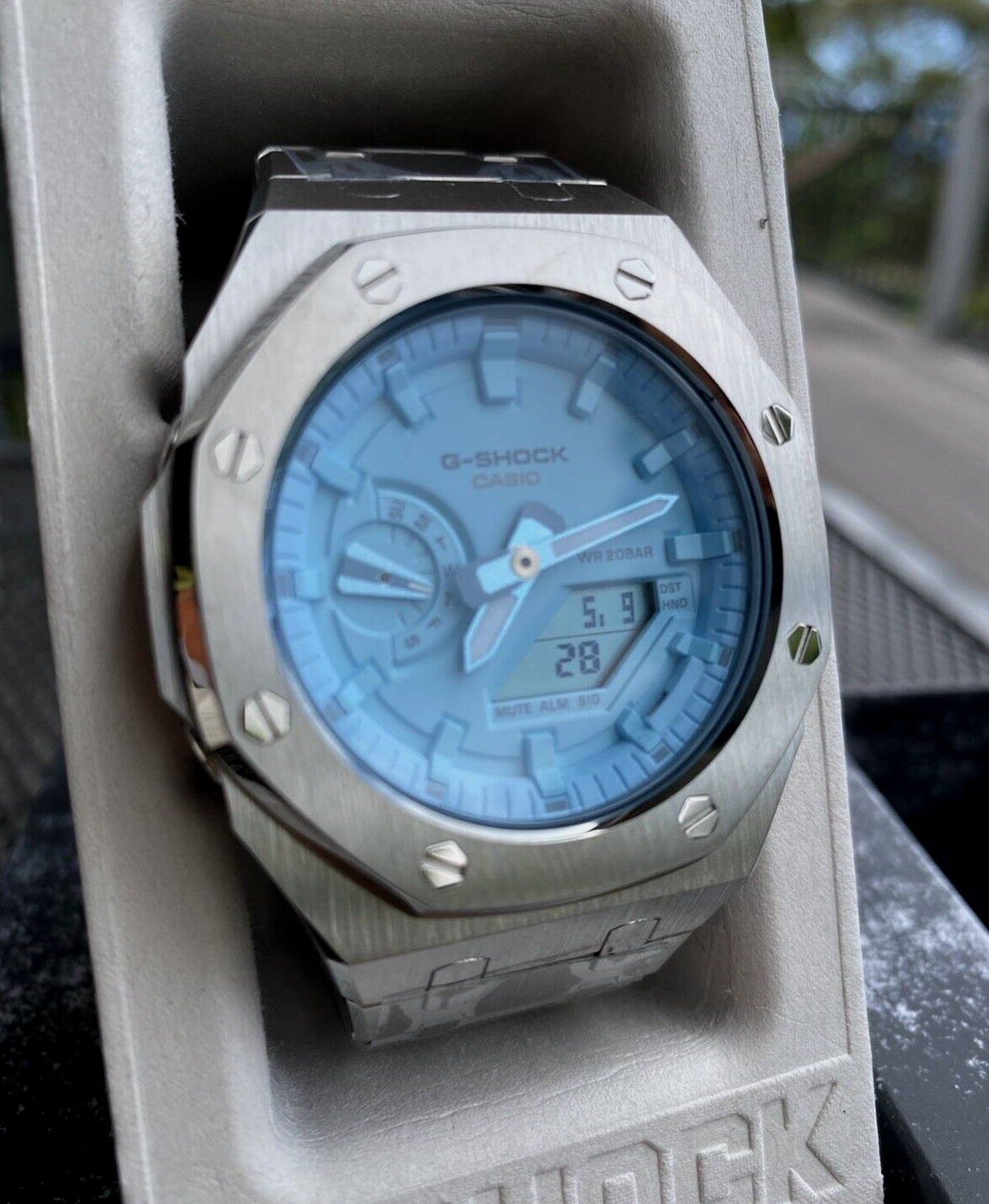 Pre-owned Casio G-shock Ga2100 Custom Mod Silver Band, Light Blue Dial