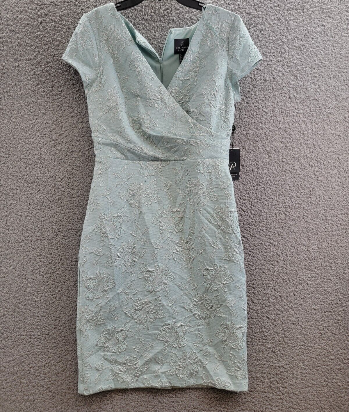 Adrianna Papell Short-Sleeve Jacquard Dress Women's 8 Mint Silver Zip Closure - Picture 2 of 18