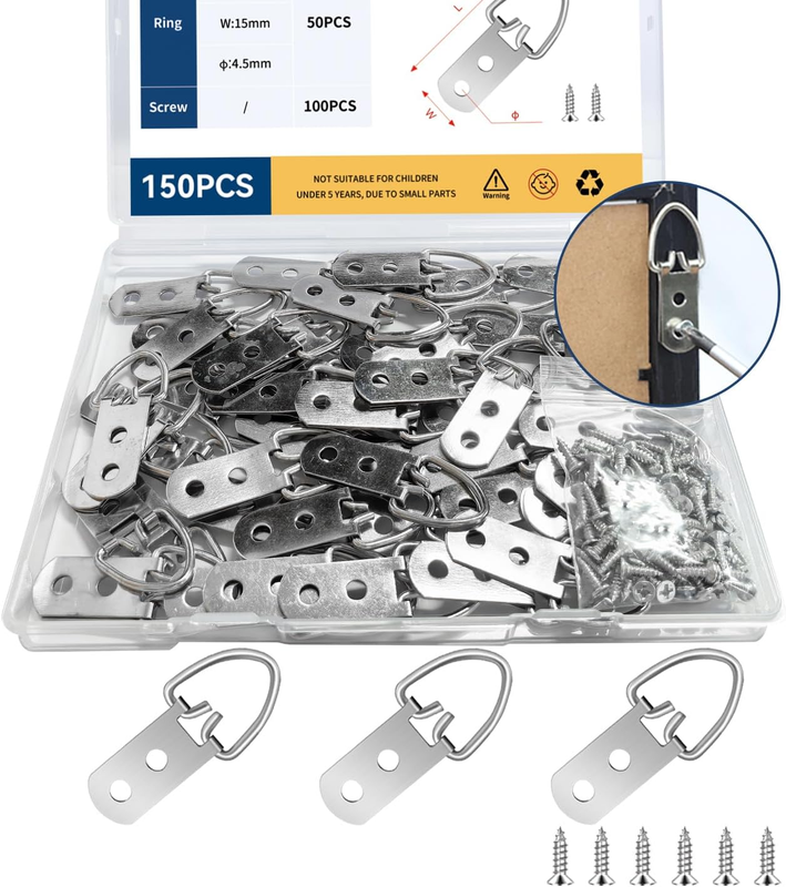 50PCS D Ring Picture Hangers with Screws, 2-Hole Heavy Duty D Rings Frame Hooks