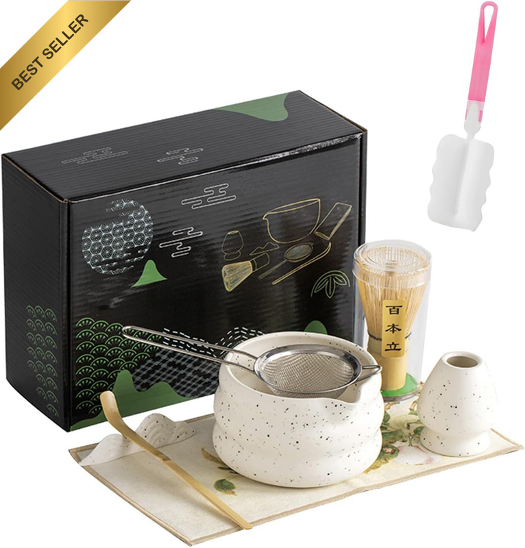 7 PCS Matcha Set Ceramic Matcha Making Kit, Bamboo Whisk, Bowl with Spout, Powde