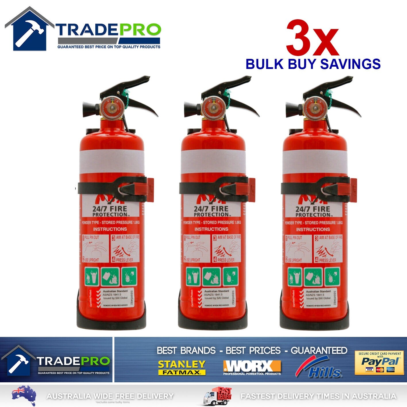 3x Fire Extinguishers 1kg ABE Quell Chubb Dry Powder 1kg &Bracket Car