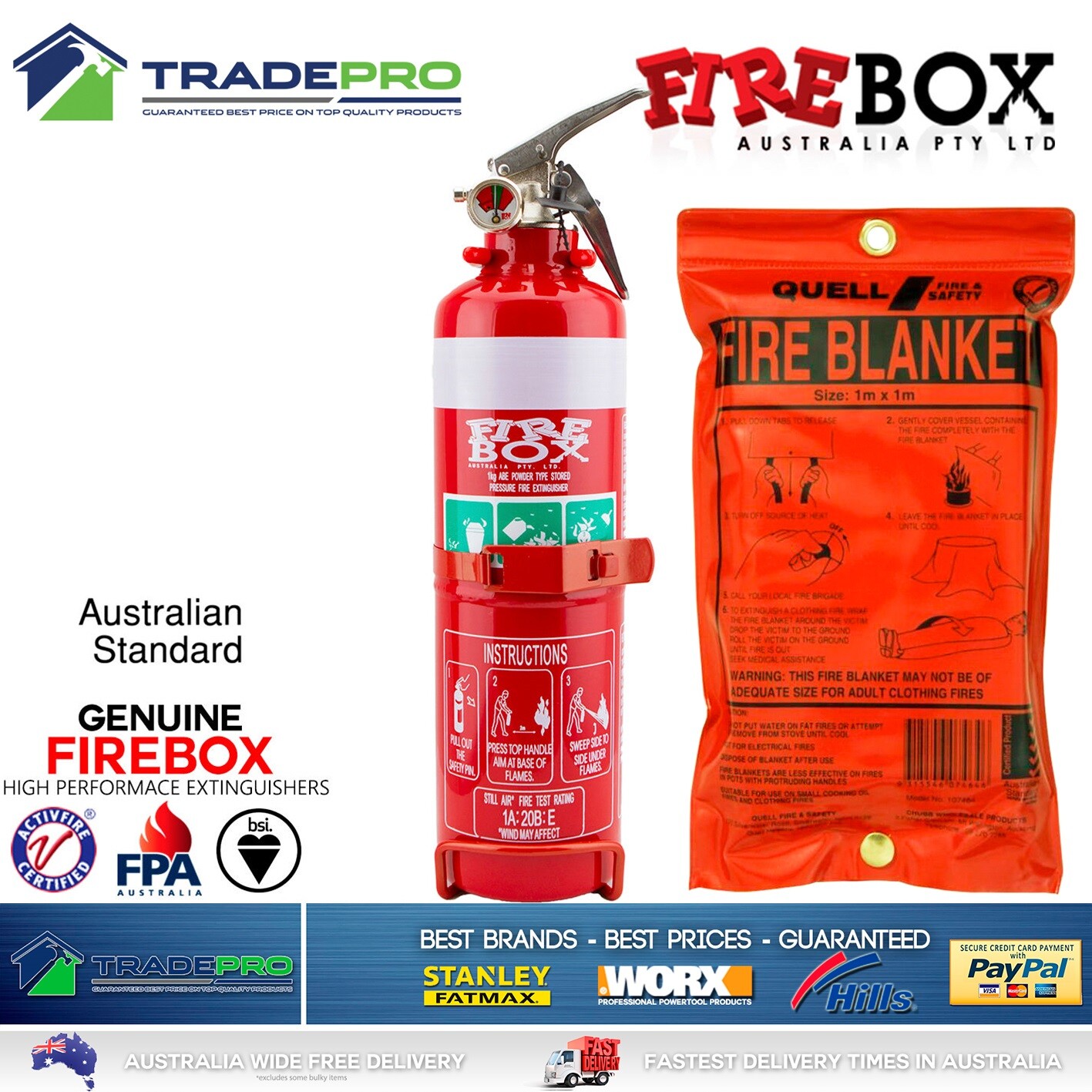 Fire Extinguisher & Blanket Kit 1kg ABE Professional Dry Powder Bracket