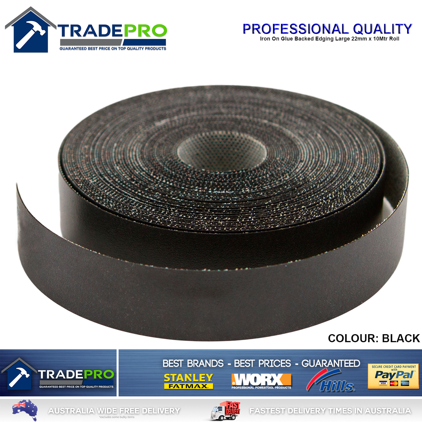 Black Melamine Edge Tape 22mm x 10m ICON® Iron On Glued Veneer Edging