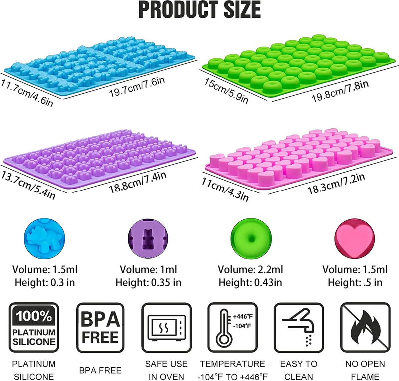 4 Pcs Gummy Candy Molds,Mini Silicone Molds,Including Dinosaur, Bear Shape, Hear