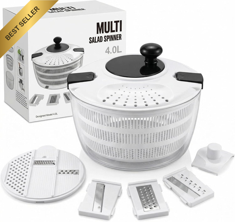 Salad Spinner 4L Large Capacity Vegetable Fruit Washer Dryer with 3 Slices Non-S