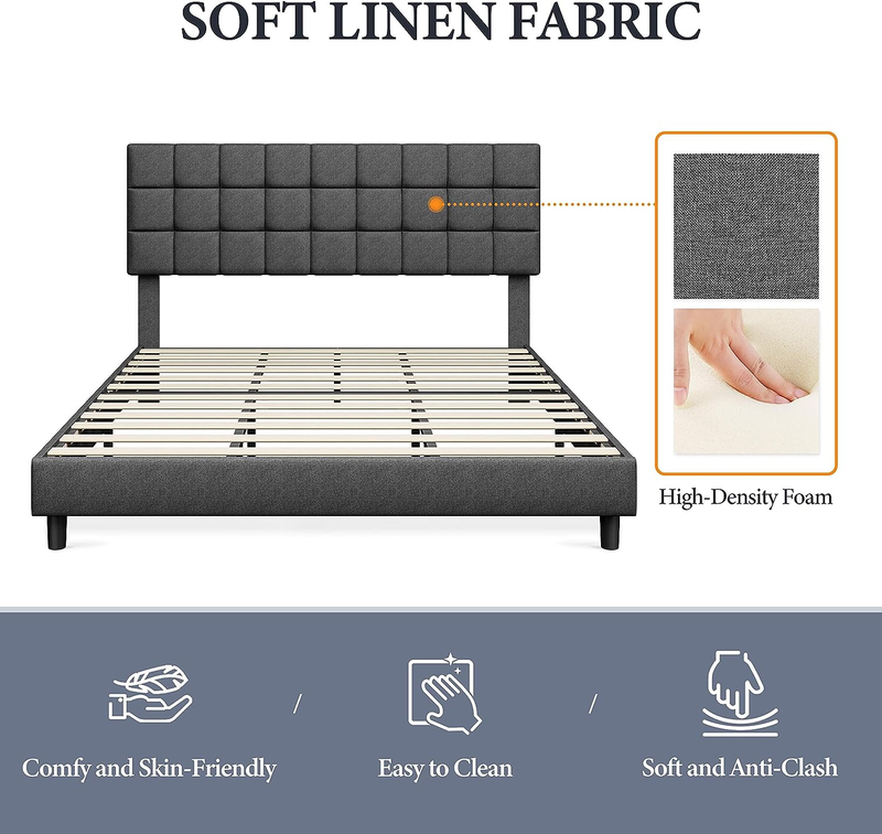 King Size Bed Frame Upholstered Platform Bed and Linen Fabric Height-Adjustable