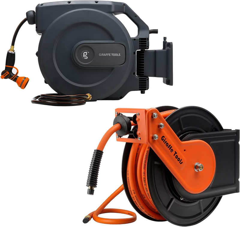 Giraffe 155Ft Retractable Garden Hose Reel with 3/8 in X 50FT Hybrid Hose Air Ho
