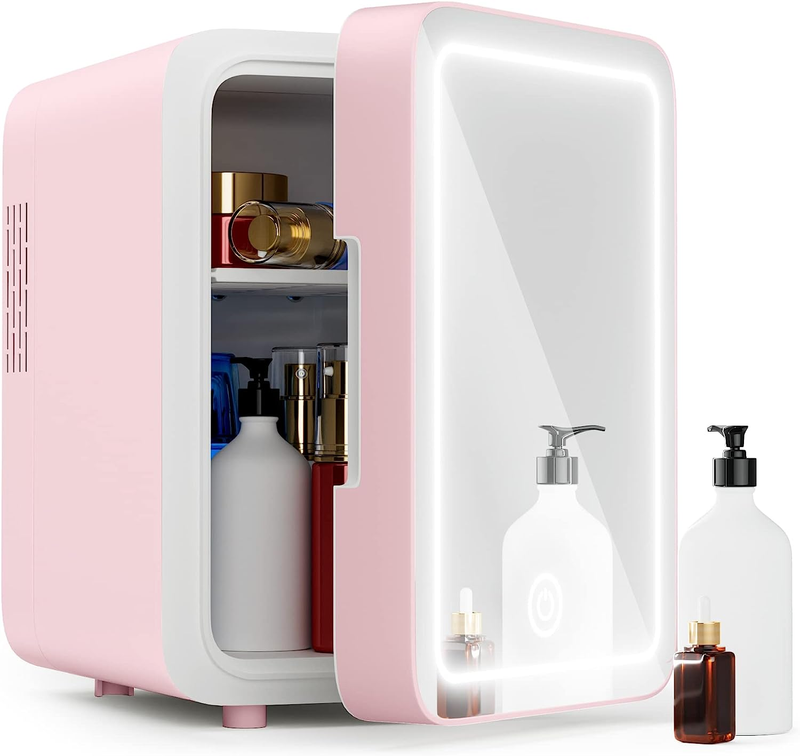 Skincare Mini Fridge with Dimmable LED Mirror (4 Liter/6 Can), Cooler and Warmer