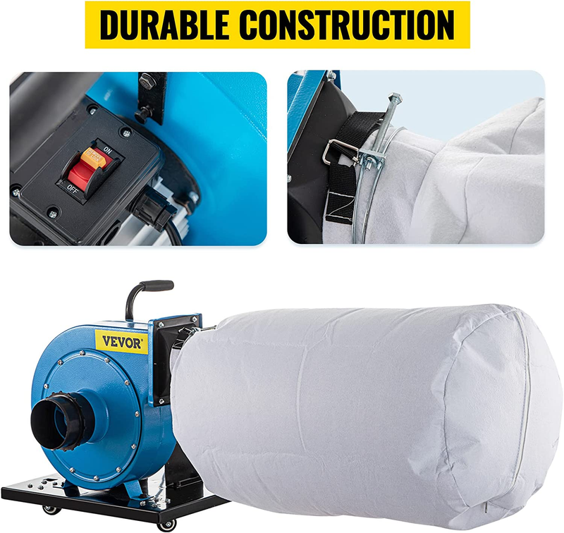 Potable 15-Gallon Bag Dust Collector, 30 Micron Bag Filtration 1HP Dust Collecto