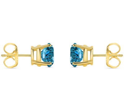 Pre-owned Shine Brite With A Diamond 3 Ct Round Cut Blue Earrings Studs Solid Real 18k Yellow Gold Push Back Basket