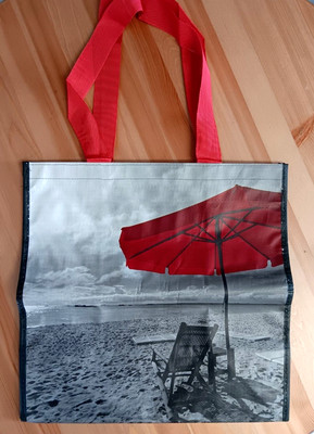 Black And White Beach Red Umbrella Reusable Shopping Bag Tote Durable 15.5x16.5