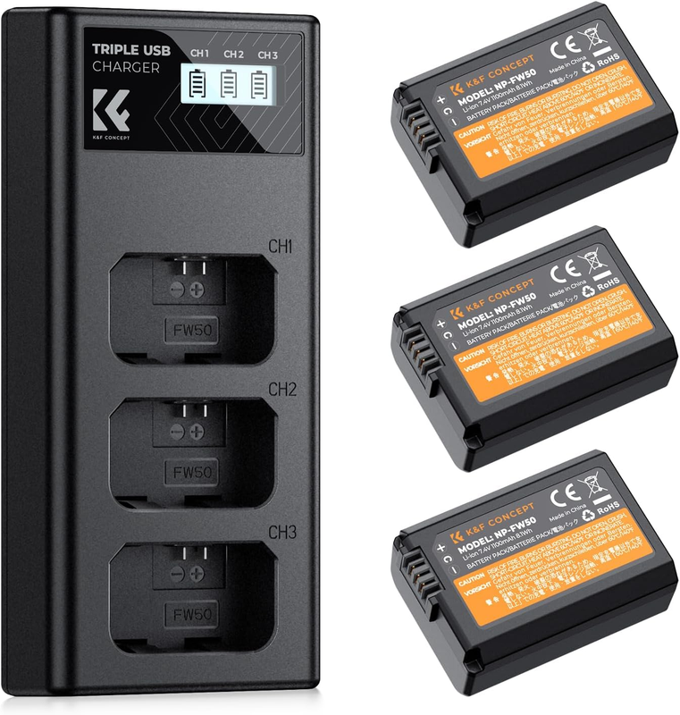 NP-FW50 Battery 3-Pack and Triple Battery Charger for Sony ZV-E10, A7, A6400, A7