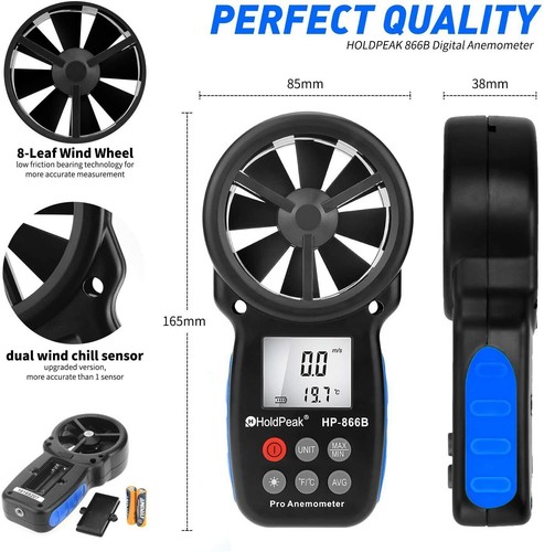 Digital Anemometer Wind Speed Gauge Meter 0.3-30M/s Temperature Wind Chill Test 
