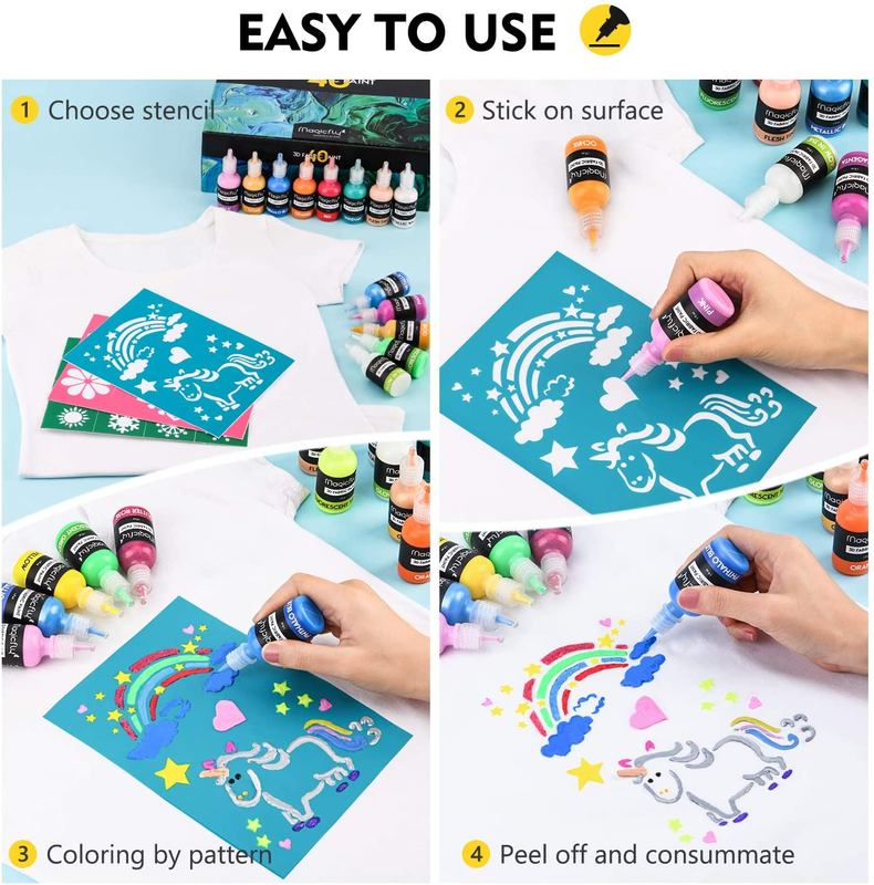 3D Fabric Permanent Paint 40 Color Puffy Paint with Vibrant Colors 3 Bonus Br...