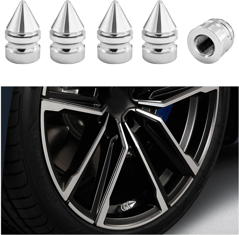 5 PCS Spike Aluminum Tire Valve Caps, Universal, Silver, Corrosion-Resistant