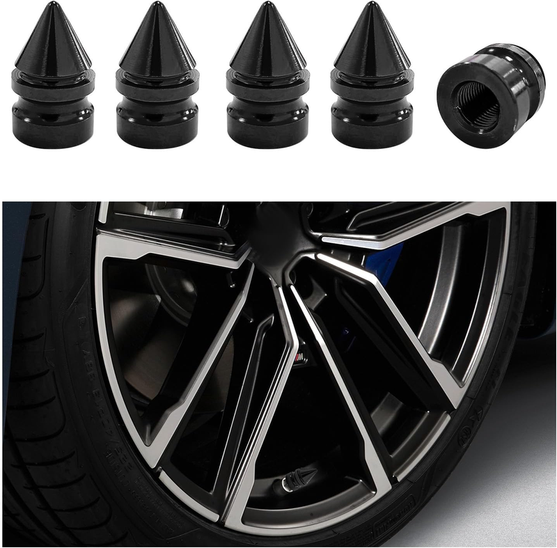 5 PCS Spike Aluminum Valve Caps - Black, Universal for Car, SUV, Bike, Motorcycle