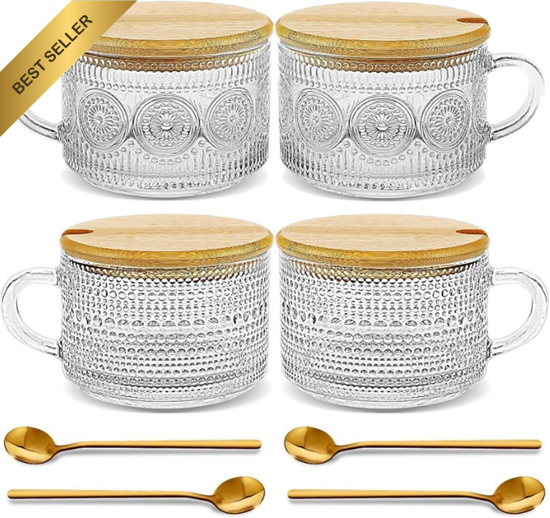 4pcs Vintage Clear Glass Coffee Mugs 450ml with Lids and Spoons Set