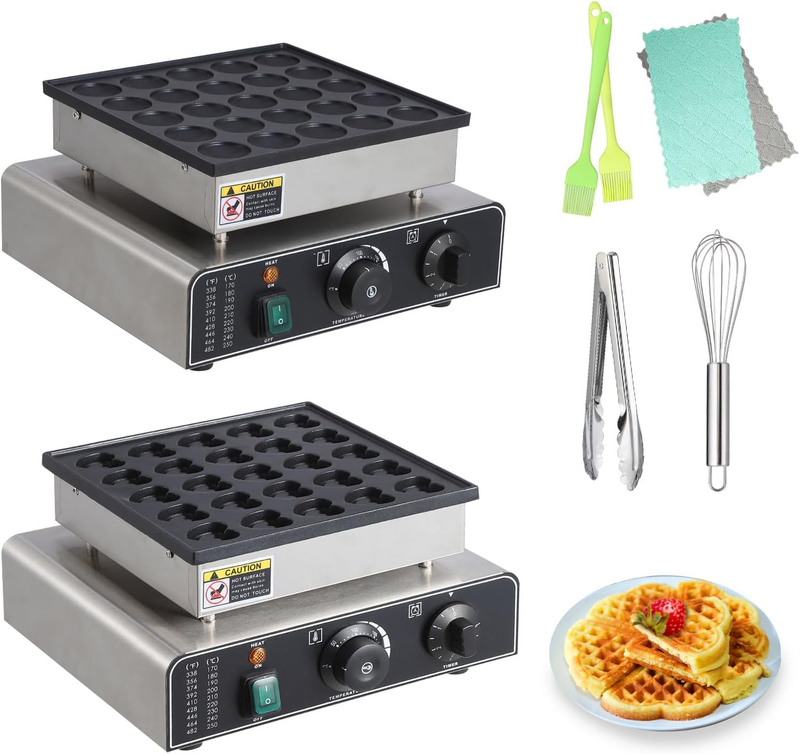 Mini Muffin Maker, 25 Hole/25 Heart, Stainless Steel, Electric, Non-Stick, 50-300C, Time Control, Silver, 850W, 110V