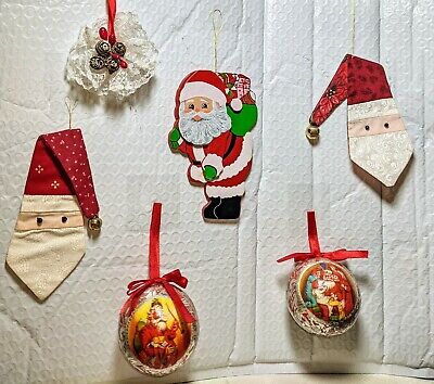 Vintage Lot of 6 Handcrafted  Santa Themed Christmas Tree Ornaments
