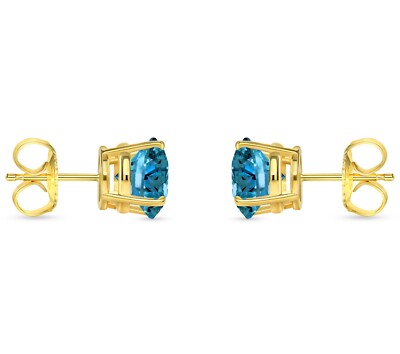 Pre-owned Shine Brite With A Diamond 6 Ct Round Cut Blue Earrings Studs Solid Real 14k Yellow Gold Push Back Basket
