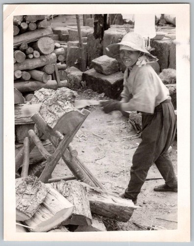 Vtg B&W Snapshot Mamasan Cutting Firewood Log Sawing Fuel Cooking Heat 1950s
