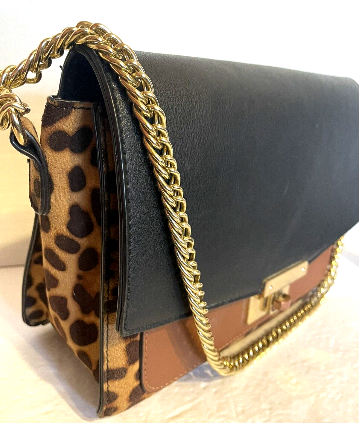 JUSTFAB Color Blocked Animal Print Chain & Crossbody Strap Shoulder Handbag