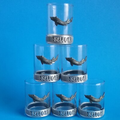 Beluga Vodka Shot Glasses with Pewter Fish Set of 6