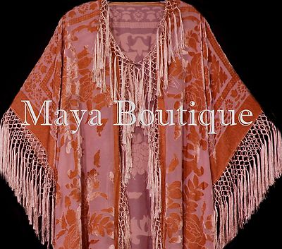 Pre-owned Maya Matazaro Papaya Orange Fringe Jacket Kimono Duster Silk Burnout Velvet  Plus