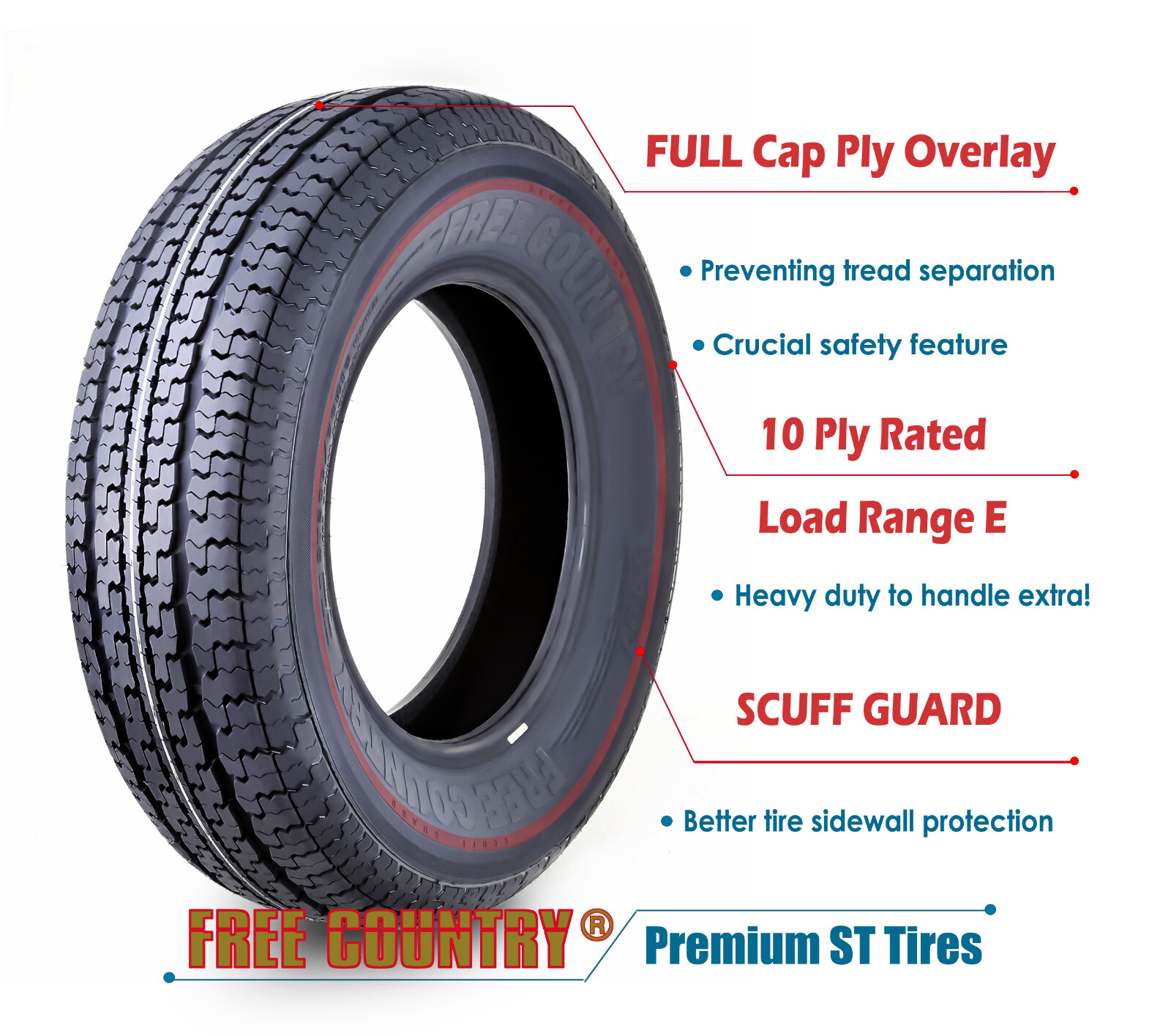 4PC Trailer Tires ST205/75R15 Free Country HD 10 Ply Load Range E w/Scuff Guard