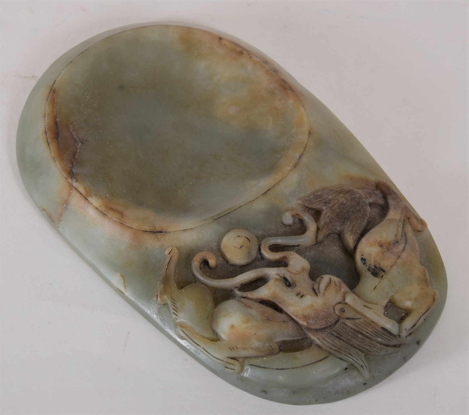 Antique Chinese Jade Ink Stone Dragon Chasing Flaming Pearl 4 Character Seal Mk