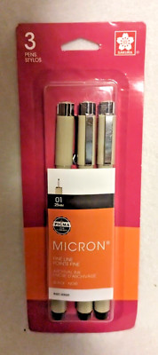 3 Pack Sakura Pigma Micron Fine Line Liner Archival Black Ink Pens 01 Tip Size