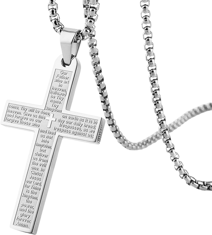 Stainless Steel Mens Womens Cross Necklace Lord'S Prayer Pendant 3 Colors Availa