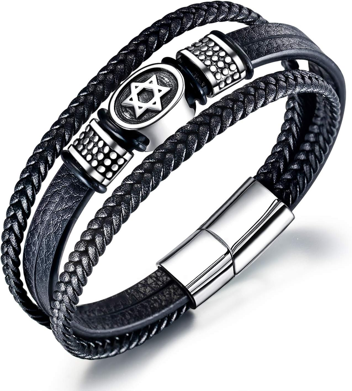 Mens Multi-Layer Braided Leather Magen Star of David Bracelet
