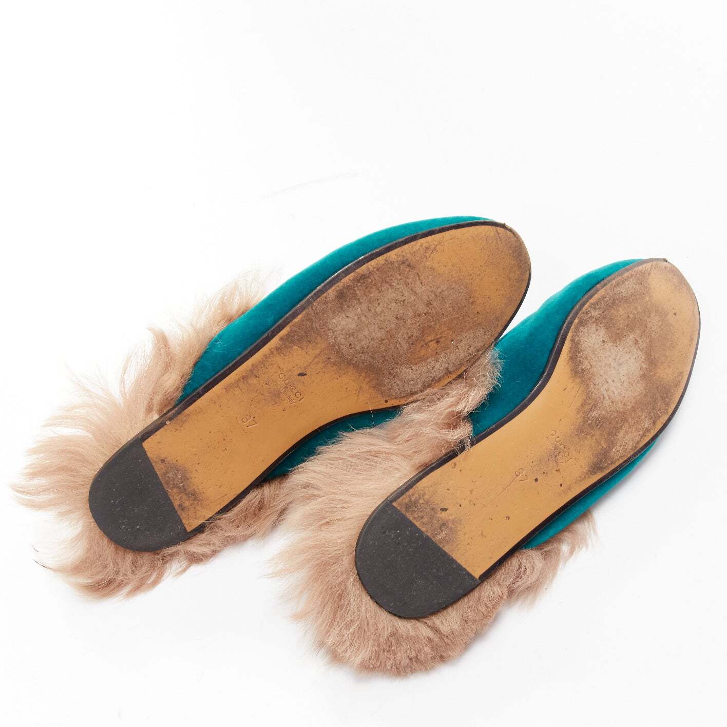 GUCCI Princetown green velvet horse bit buckle fur lined GUCCI Princetown green velvet horse bit buckle fur lined