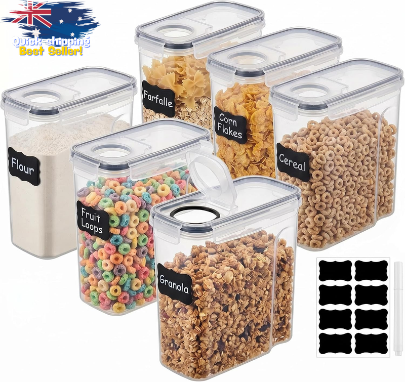 Airtight Cereal Storage Containers 6 PCS 2.5L BPA-Free with Labels & Markers