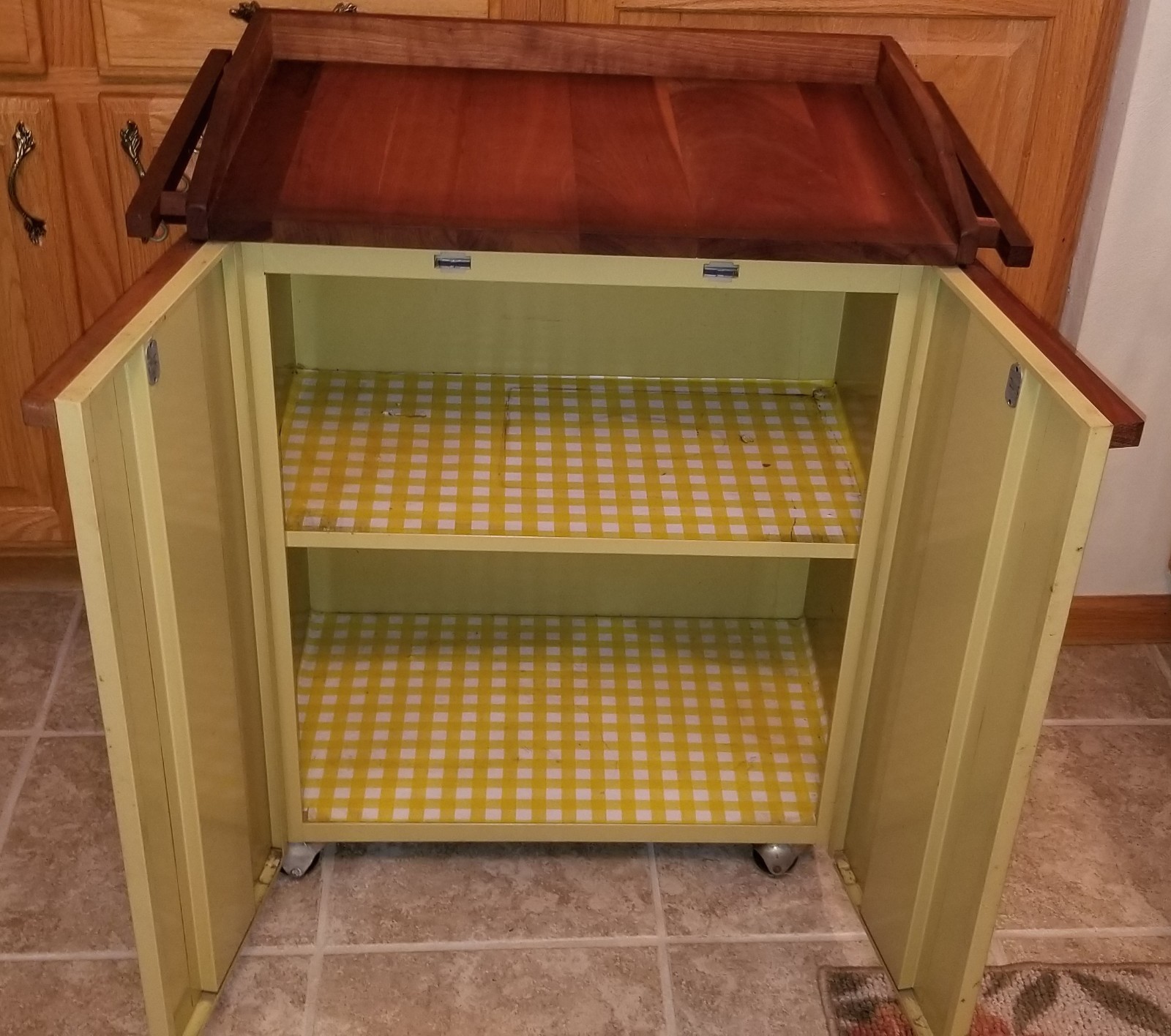 Vintage Mid Century Metal Kitchen Storage Cabinet, Walnut Cutting board top.NICE