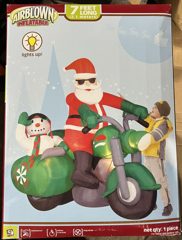 New Gemmy  7ft Lighted Santa on Motorcycle Airblown Inflatable Christmas Snowman