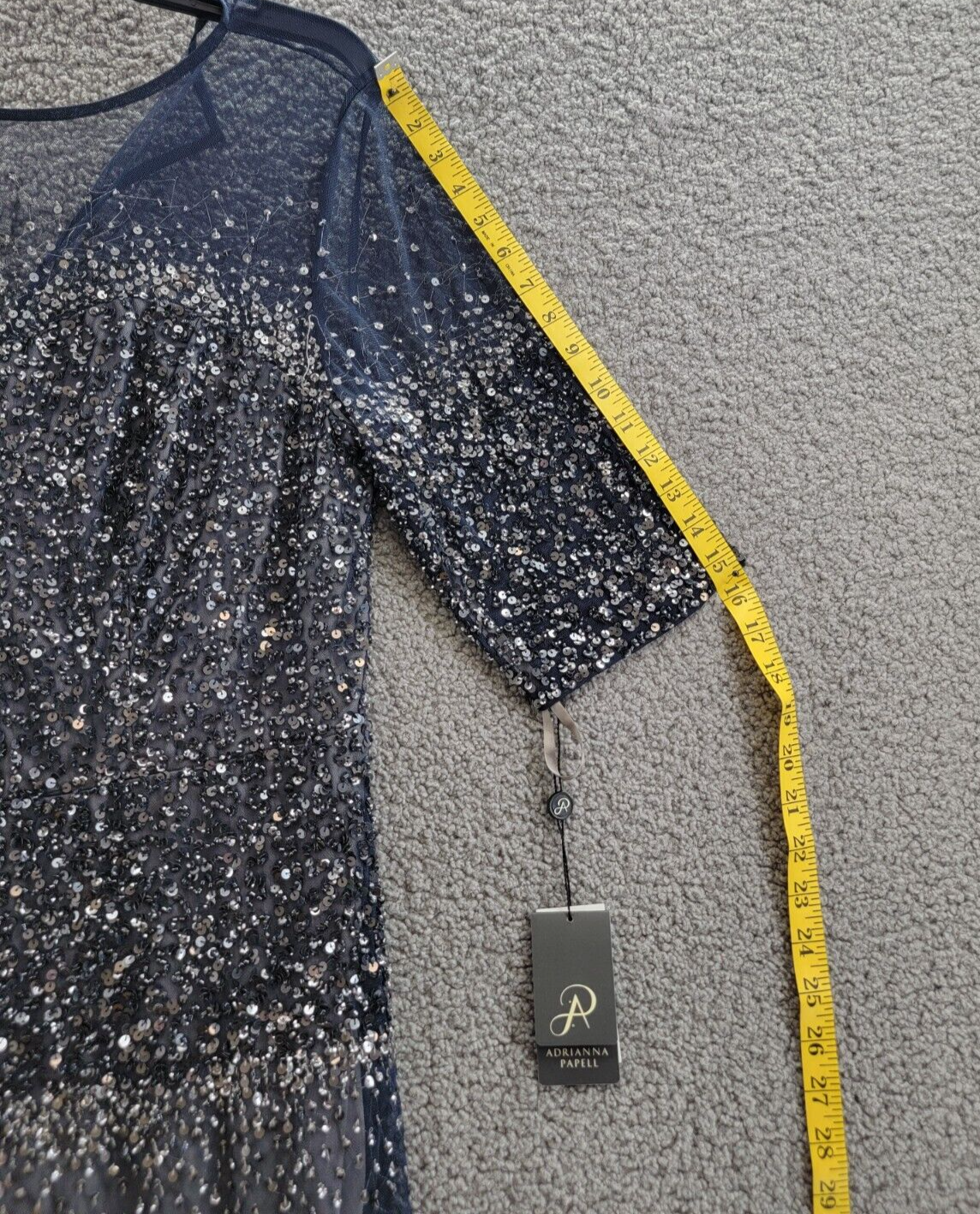 Adrianna Papell Plus Size Sequined Gown Women's 16W Navy Elbow Sleeve Back Zip - Picture 6 of 17
