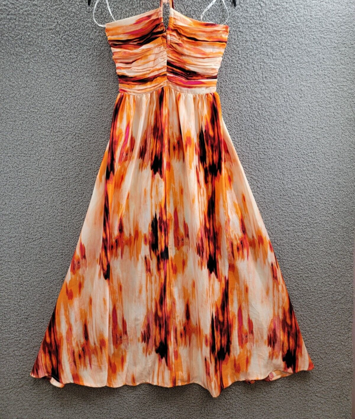 DKNY Printed Satin Strappy Halter Maxi Dress Women's S Orange Blossom Back Tie - Picture 2 of 16