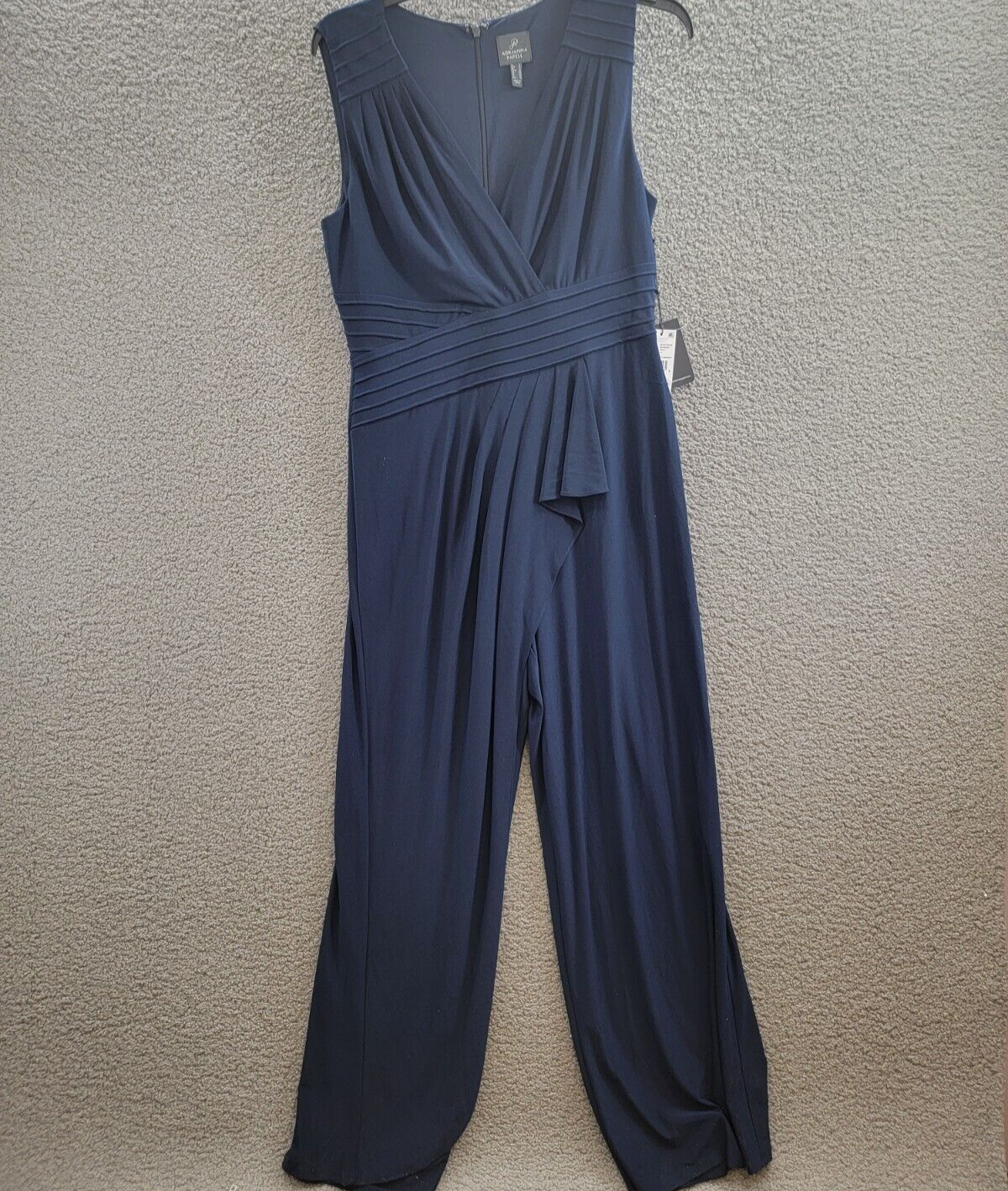 Adrianna Papell Pintucked Wide-Leg Jumpsuit Women's 14 Midnight Back Zip Closure - Picture 2 of 17